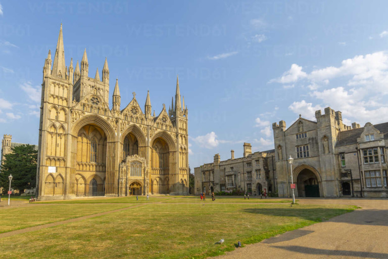 View of Gothic facade of Peterborough Cathedral, Peterborough